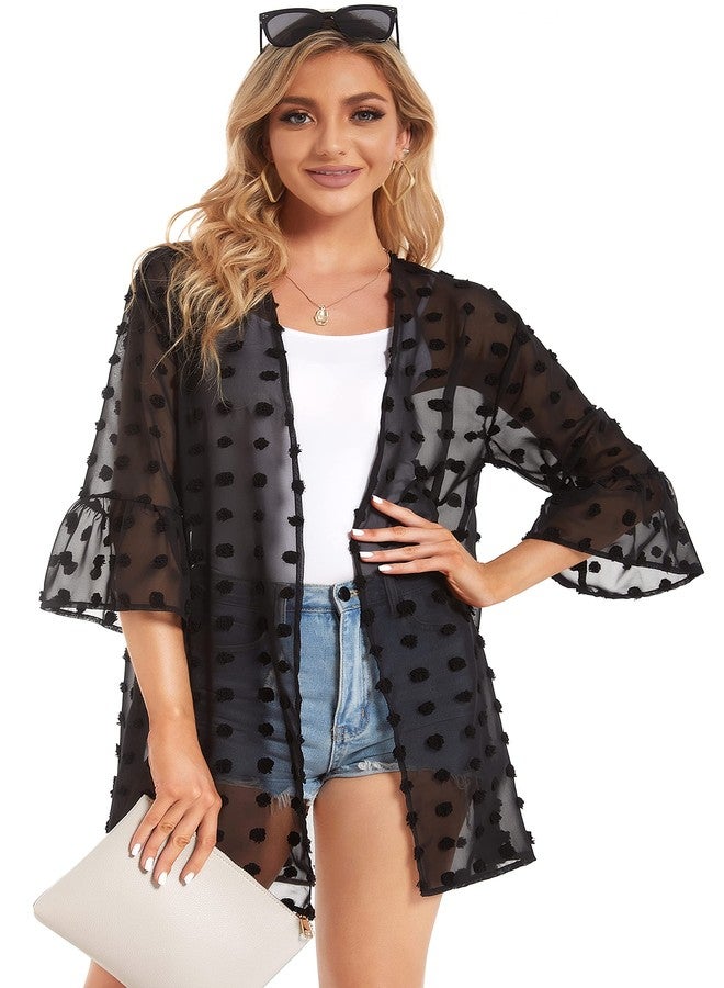 CHICGAL Kimonos for Women Summer Cardigan Tassel Poms Sheer Chiffon Loose Casual Beach Cover Ups (Black,3XL) - Image 3
